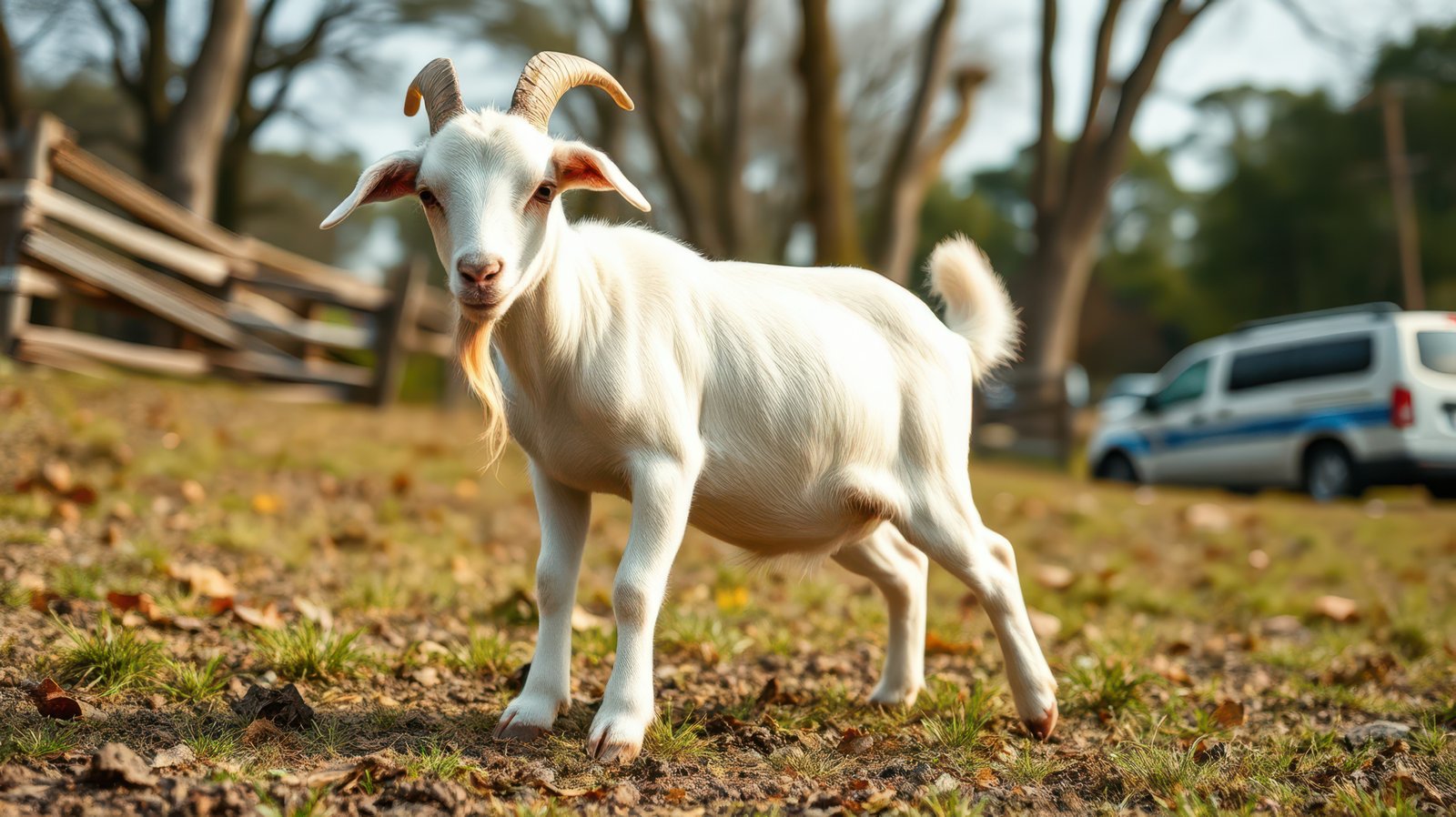 Goat standing on grassy field with trees in background during sunny day in a rural setting